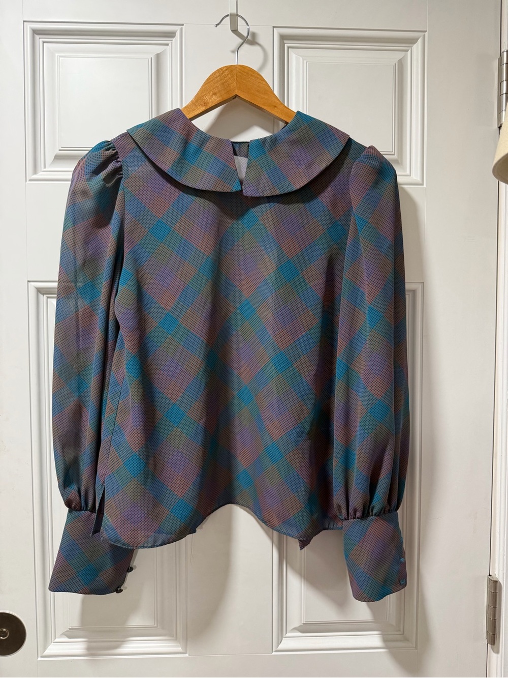 Vintage Plaid Peter Pan Collar Long-Sleeve Top - Teal & Mauve